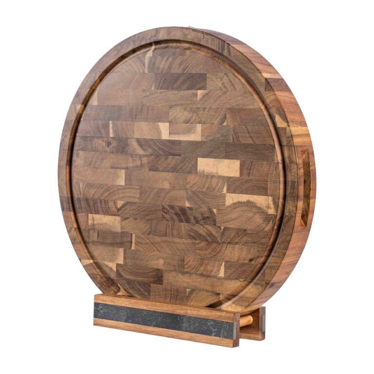 Professionele Snijplank Rond Acacia Hout met Sapgeul en Handvaten – Anti-slip Borrelplank met Houder Set - Hakblok Kopshout Ø 38 cm - VDN